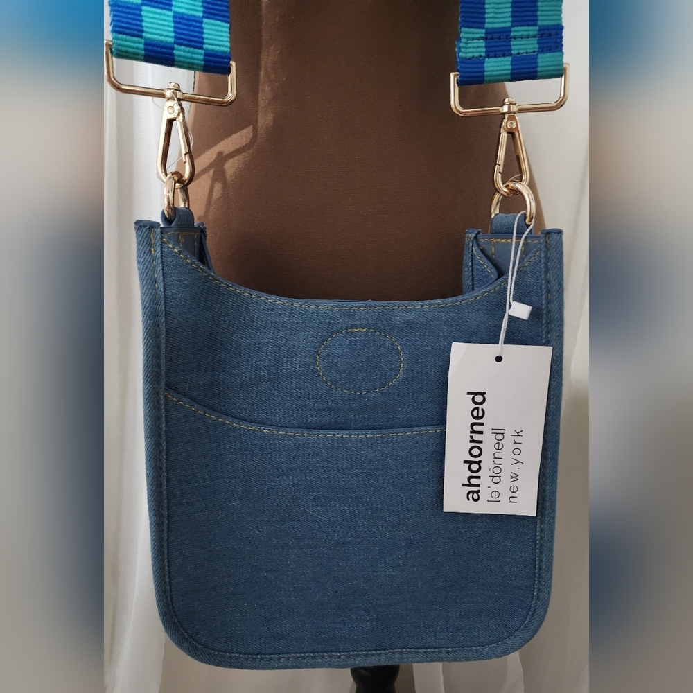 Ahdorned Denim Crossbody Messanger Bag with Teal and Blue Guitar Strap NWT